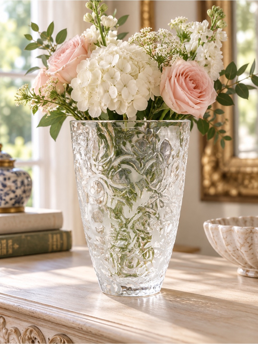 Vintage Heavy Clear Art Glass Vase Frosted Floral Relief 9.25” Statement